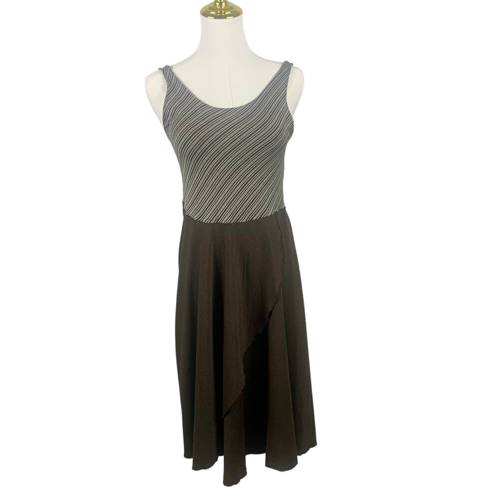 Brown and White Sleeveless Striped Bodice and Solid Brown Faux Wrap Skirt Dress